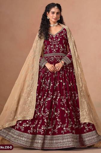 Red faux georgette jacquard embroidered work semi stitched anarkali suit