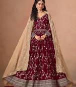 Red faux georgette jacquard embroidered work semi stitched anarkali suit