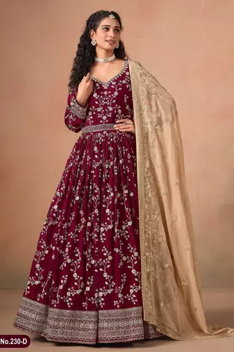Red faux georgette jacquard embroidered  anarkali suit