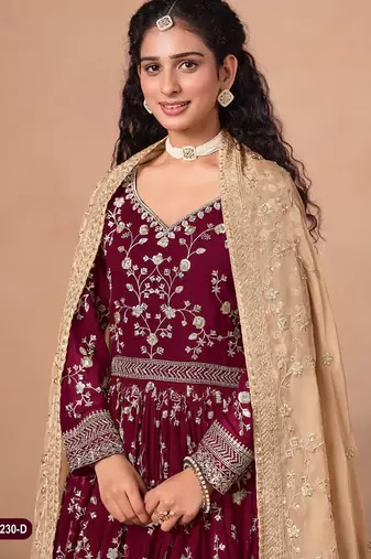 Red faux georgette jacquard embroidered  anarkali suit