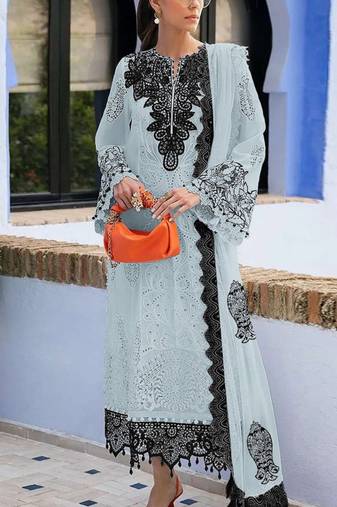 Sky blue embroidered sequence work fox georgette semi stitched suit with neck khatli work