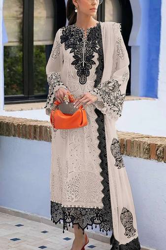 Beige embroidered sequence work fox georgette semi stitched suit with neck khatli work