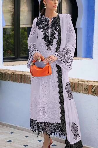 Lavender embroidered sequence work fox georgette semi stitched suit with neck khatli work