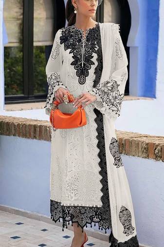 White embroidered sequence work fox georgette semi stitched suit with neck khatli work