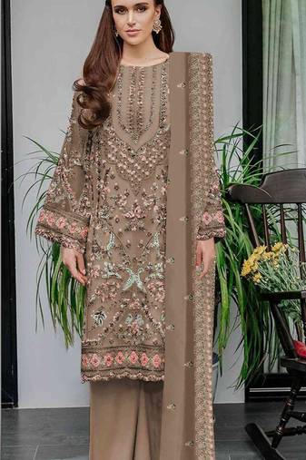 Chiku embroidered sequence work fox georgette semi stitched suit with neck khatli work