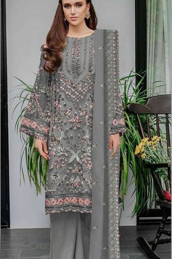 Grey embroidered sequence work fox georgette semi stitched suit with neck khatli work