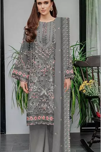 Grey embroidered sequence work fox georgette semi stitched suit with neck khatli work