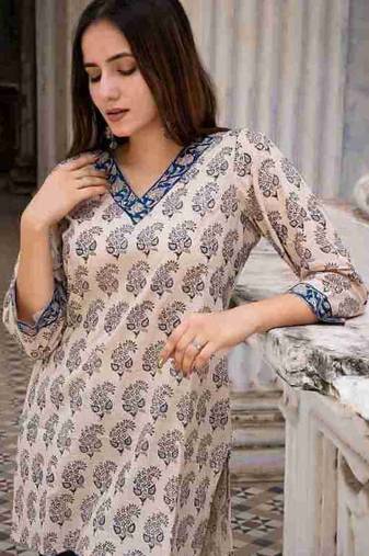 Cream Floral Print Rayon Ethnic Top for Women & Girls