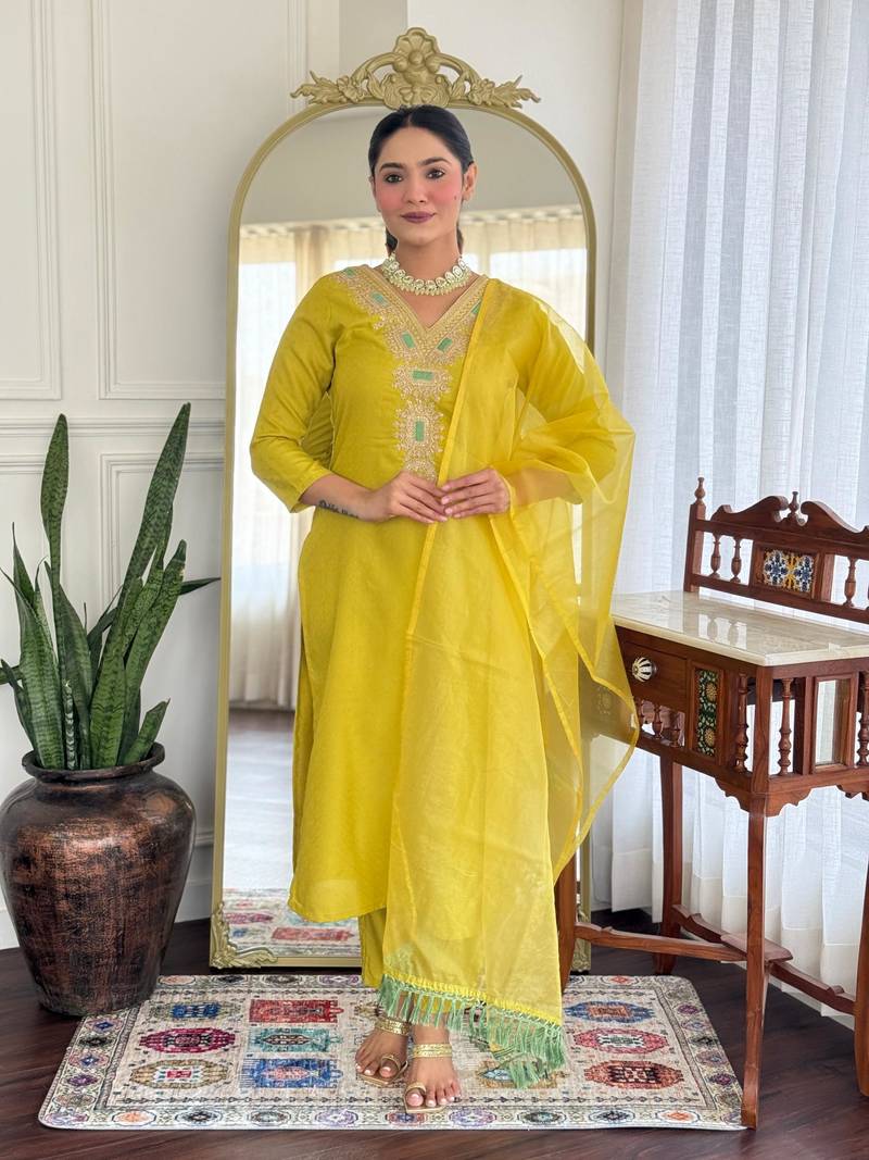 Women's Viscose Rayon Embroidered Straight Kurta with Pant And Dupatta Set