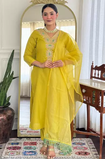 Women's Viscose Rayon Embroidered Straight Kurta with Pant And Dupatta Set