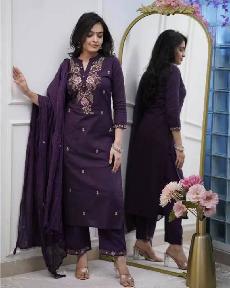 Women's Beautiful Viscose Fabric Embroidery work Straight Kurta with Pant And Dupatta Set