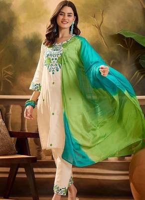  Viscose Thread work Straight Kurta with Pant And Dupatta Set 1
