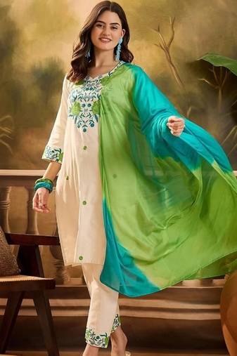 Women's Beautiful Viscose Fabric Thread work Straight Kurta with Pant And Dupatta Set