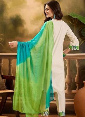  Viscose Thread work Straight Kurta with Pant And Dupatta Set 2