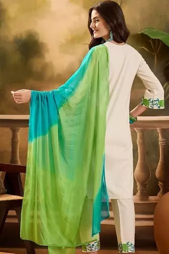  Viscose Thread work Straight Kurta with Pant And Dupatta Set