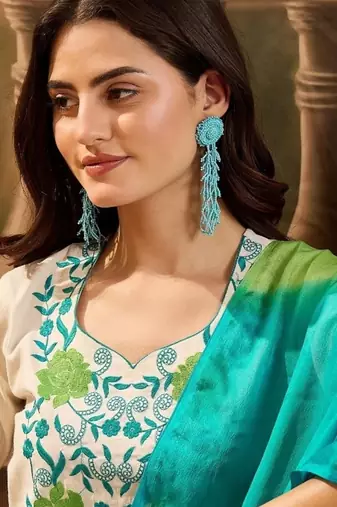  Viscose Thread work Straight Kurta with Pant And Dupatta Set
