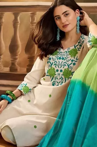  Viscose Thread work Straight Kurta with Pant And Dupatta Set