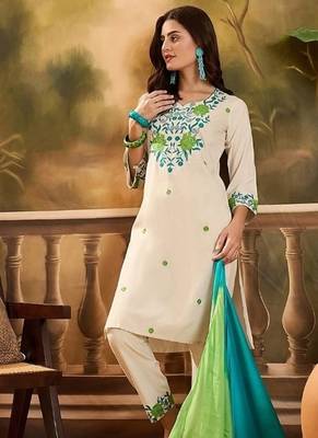  Viscose Thread work Straight Kurta with Pant And Dupatta Set 5