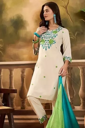  Viscose Thread work Straight Kurta with Pant And Dupatta Set
