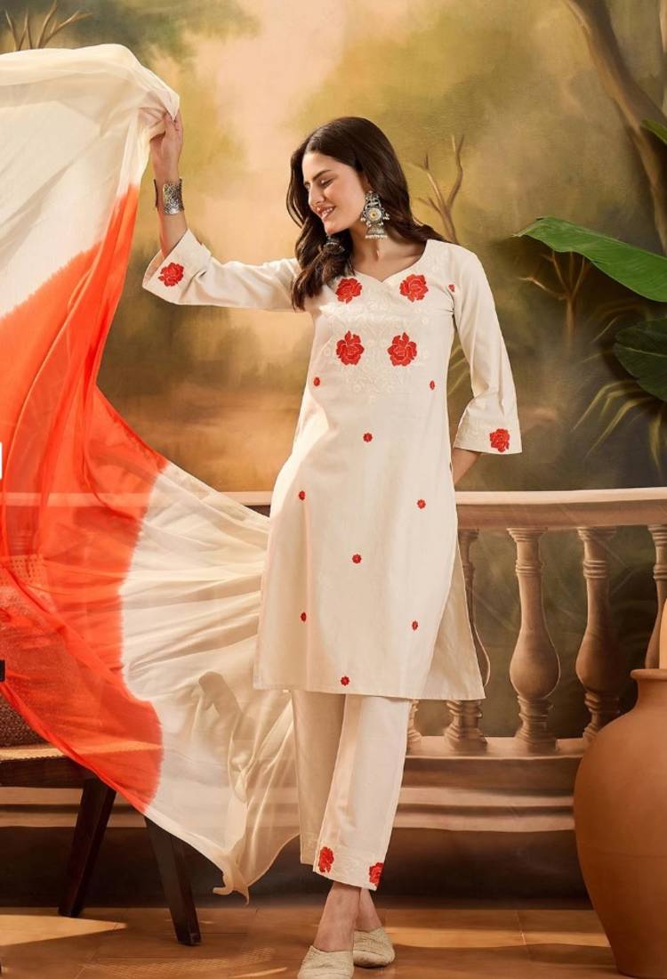 Women's Beautiful Viscose Fabric Thread work Straight Kurta with Pant And Dupatta Set