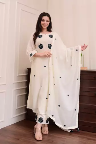 Beautiful Viscose Fabric Thread work Straight Kurta with Pant And Dupatta Set