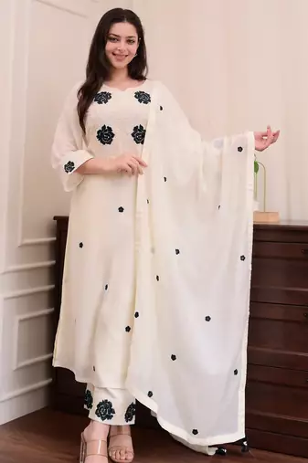 Beautiful Viscose Fabric Thread work Straight Kurta with Pant And Dupatta Set