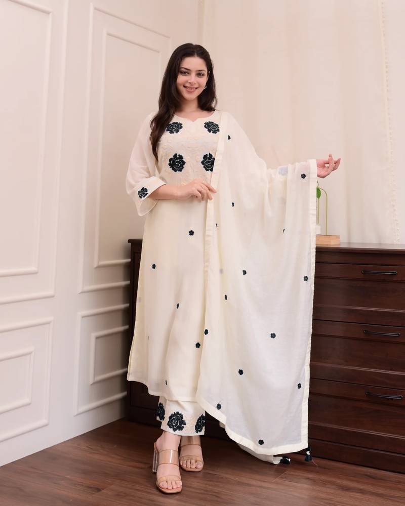 Beautiful Viscose Fabric Thread work Straight Kurta with Pant And Dupatta Set