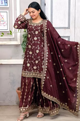 Designer chinon sharara suit with sequence embroidered work