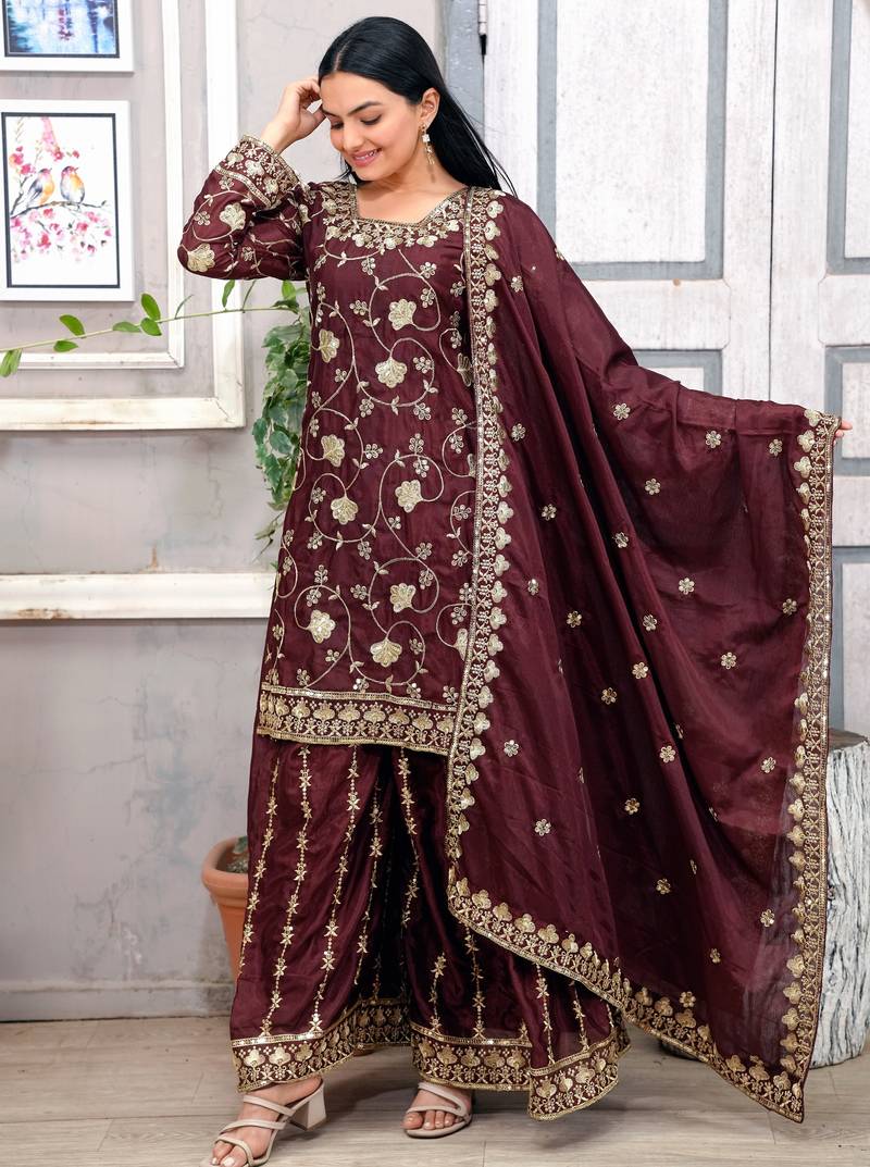 Designer chinon sharara suit with sequence embroidered work
