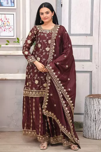 Designer chinon sharara suit with sequence embroidered work