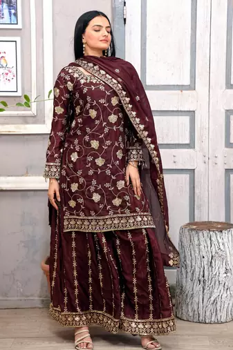 Designer chinon sharara suit with sequence embroidered work