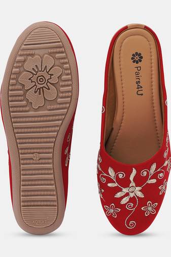 Pairs4u women's red ethnic embroidered jutti slip-on canvas flats with stylish toe and comfortable pvc sole