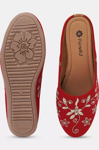 Pairs4u women's red ethnic embroidered jutti slip-on canvas flats with stylish toe and comfortable pvc sole