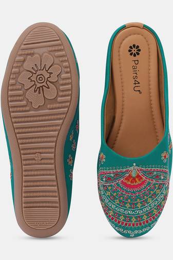 Pairs4u women's rama embroidered canvas jutti ethnic slip-on flat mojari with comfortable pvc sole for women & girls