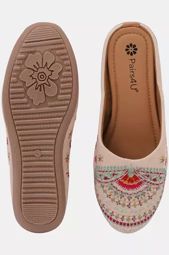 women's embroidered canvas juttis cream slip-on ethnic flats with pvc sole for comfortable universal wear