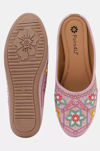 Pairs4u women's peach canvas mojari jutti ethnic embroidered slip-on flats with comfortable pvc sole for women & girls