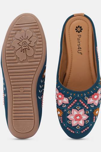 Pairs4u women's embroidered juttis canvas slip-on ethnic flat comfortable sole in stylish rama for women & girls