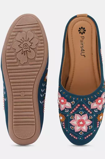 Pairs4u women's embroidered juttis canvas slip-on ethnic flat comfortable sole in stylish rama for women & girls