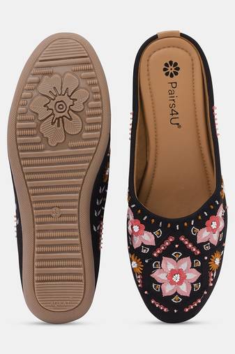 Pairs4u women's black canvas embroidered juttis with pvc sole, comfortable slip-on ethnic footwear for women & girls
