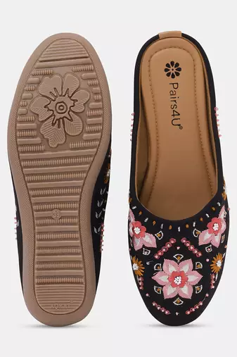 Pairs4u women's black canvas embroidered juttis with pvc sole, comfortable slip-on ethnic footwear for women & girls