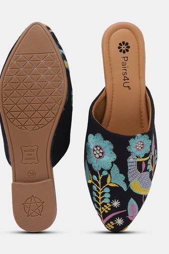 Pairs4u women's black mojari jutti ethnic canvas embroidered slip-on comfortable flats for women & girls