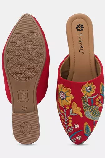 women's embroidered red canvas juttis ethnic slip-on flats with pvc sole