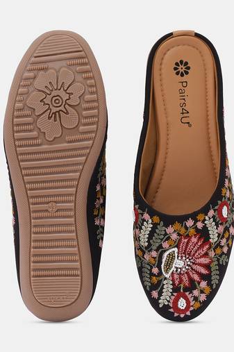 Pairs4u women's black mojari jutti ethnic embroidered canvas slip-on flats with comfortable pvc sole