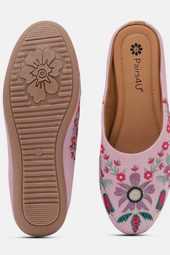 Pairs4u women's light pink embroidered canvas mojari jutti - ethnic traditional flats with comfortable pvc sole