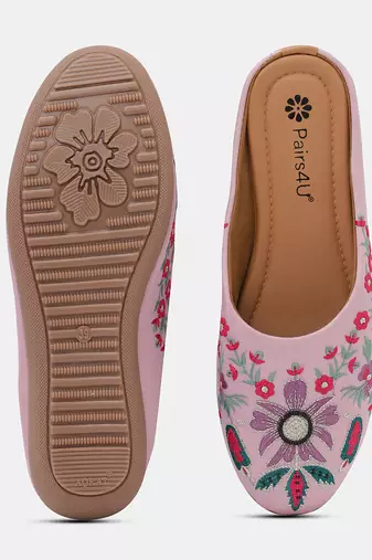 Pairs4u women's light pink embroidered canvas mojari jutti - ethnic traditional flats with comfortable pvc sole