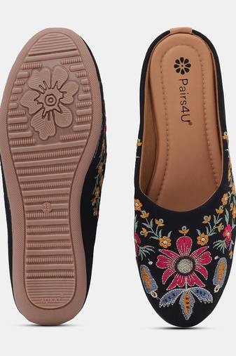 Pairs4u women's black embroidered mojari jutti ethnic canvas flats slip-on comfortable for traditional wear