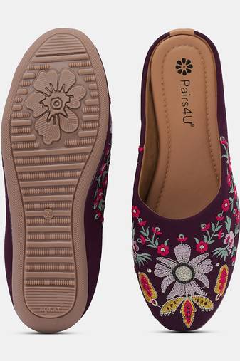Pairs4u women's wine embroidered canvas juttis - ethnic slip-on flats with stylised toe and comfortable pvc sole