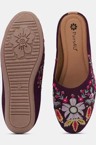 Pairs4u women's wine embroidered canvas juttis - ethnic slip-on flats with stylised toe and comfortable pvc sole