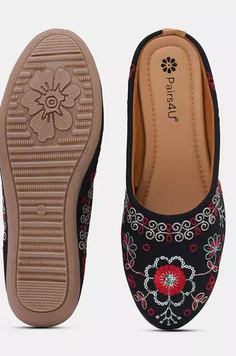 Pairs4u women's black embroidered mojari juttis ethnic canvas slip-on flats with comfortable pvc sole