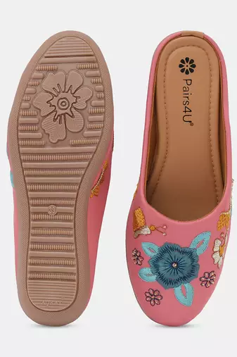 Pairs4u women's peach embroidered mojari jutti - traditional ethnic canvas flats with comfortable pvc sole for women